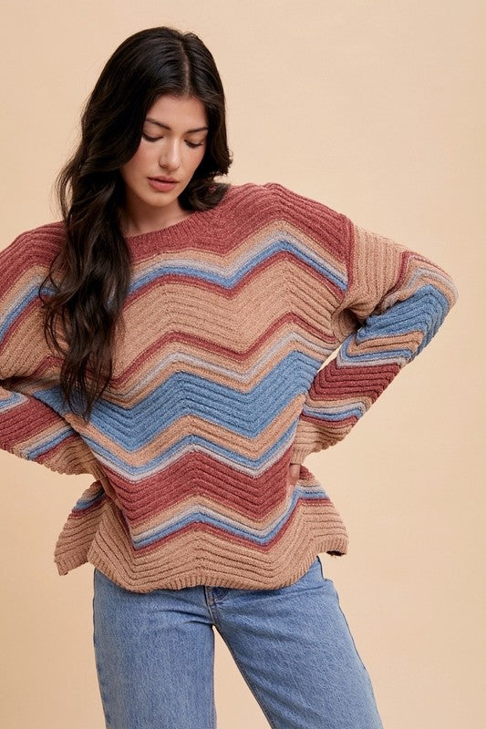 Multi Color Zig-Zag Round Neck Sweater