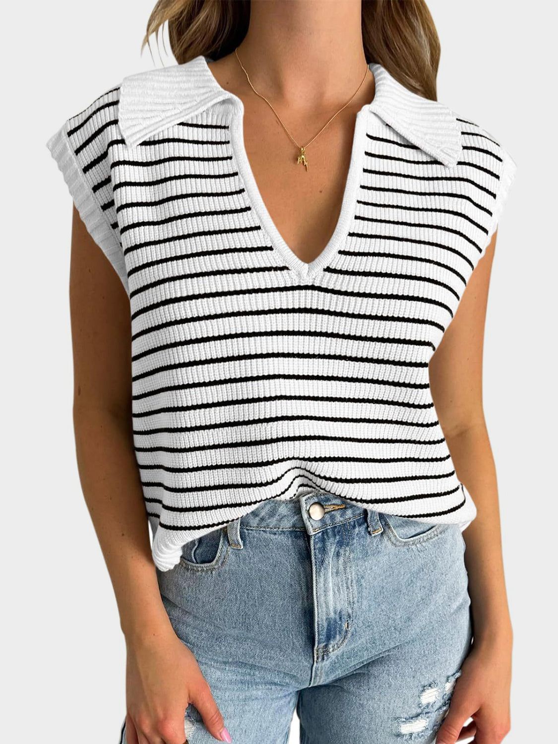 Collared Neck Striped Sweater Vest