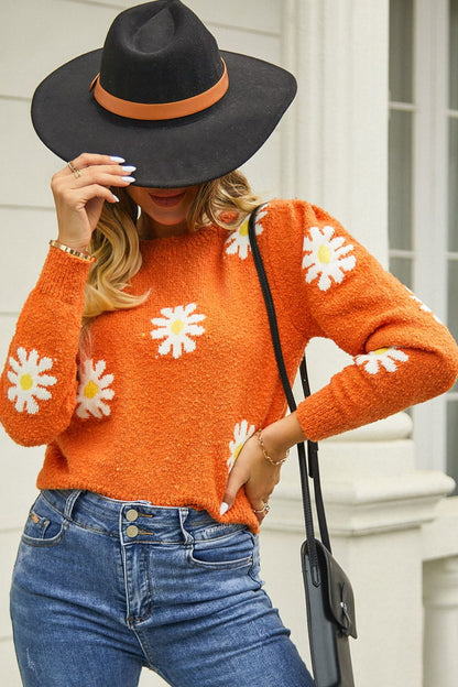 Flower  Round Neck Short Sleeve Pullover Sweater