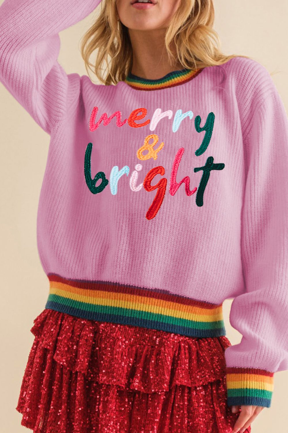 Merry & Bright Christmas Ribbed Round Neck Sweater