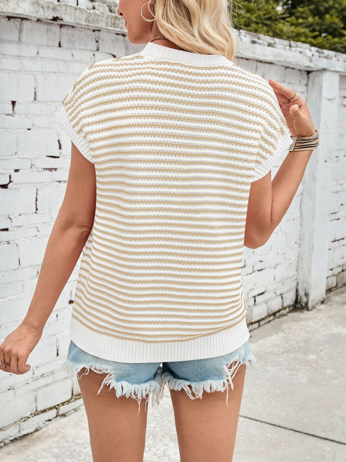 Striped Round Neck Cap Sleeve Sweater