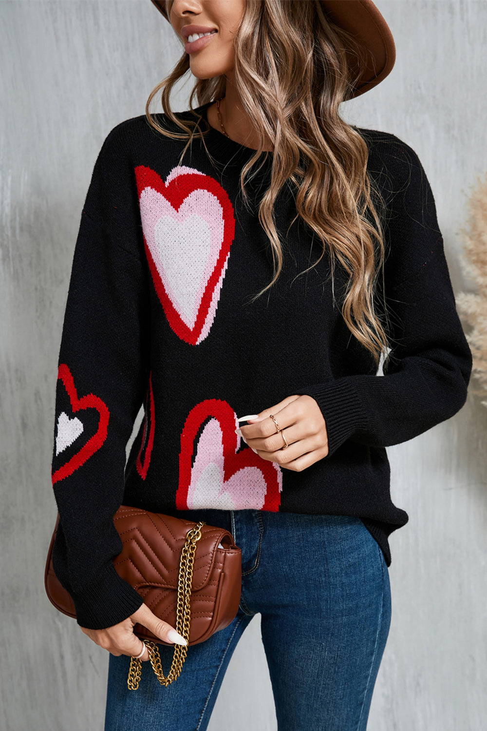 Heart Round Neck Long Sleeve Sweater