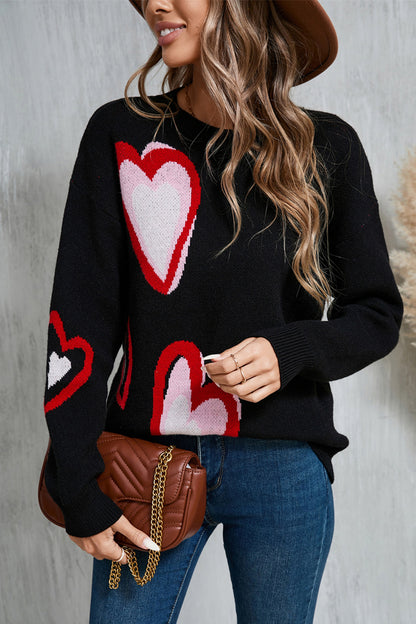 Heart Round Neck Long Sleeve Sweater