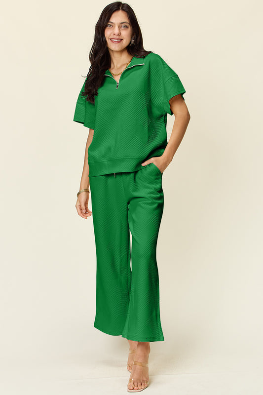 Textured Half Zip Short Sleeve Top and Pants Set