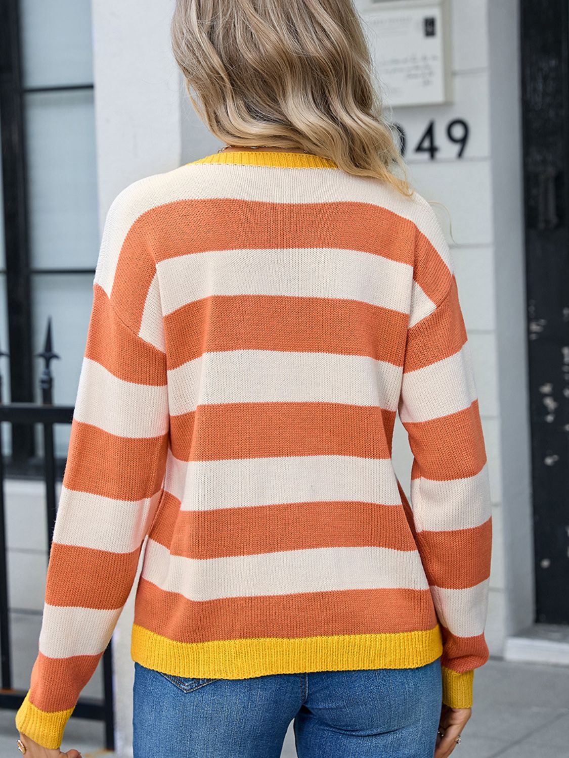 Striped Round Neck Dropped Shoulder Sweater