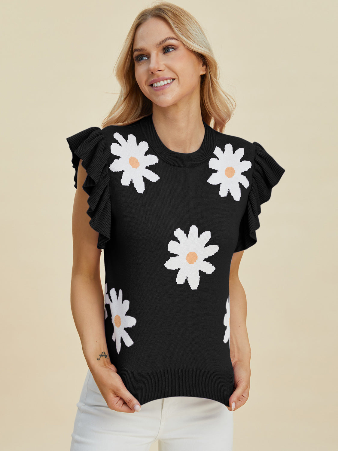 Ruffled Flower Round Neck Cap Sleeve Sweater