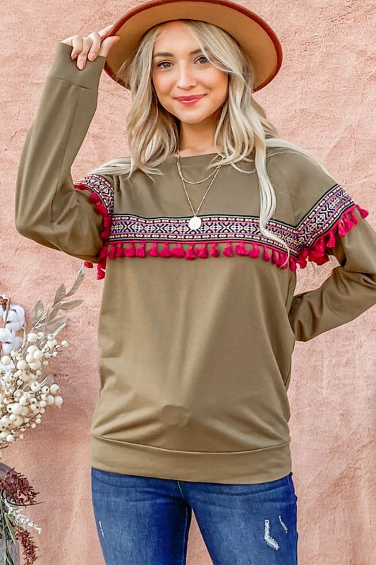 Tassel Trim Long Sleeve Tops