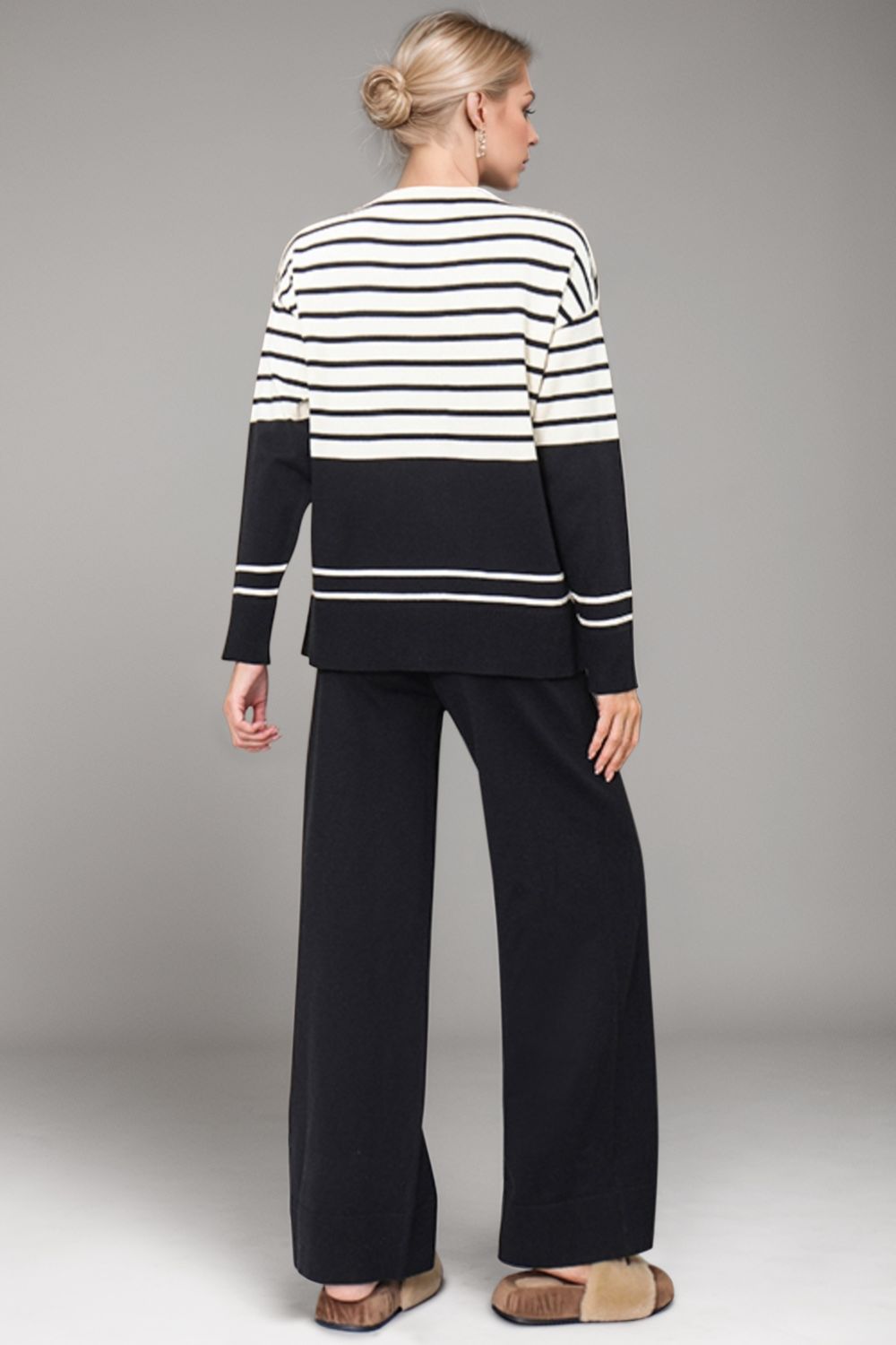 Striped Round Neck Long Sleeve Top and Pants Sweater Set