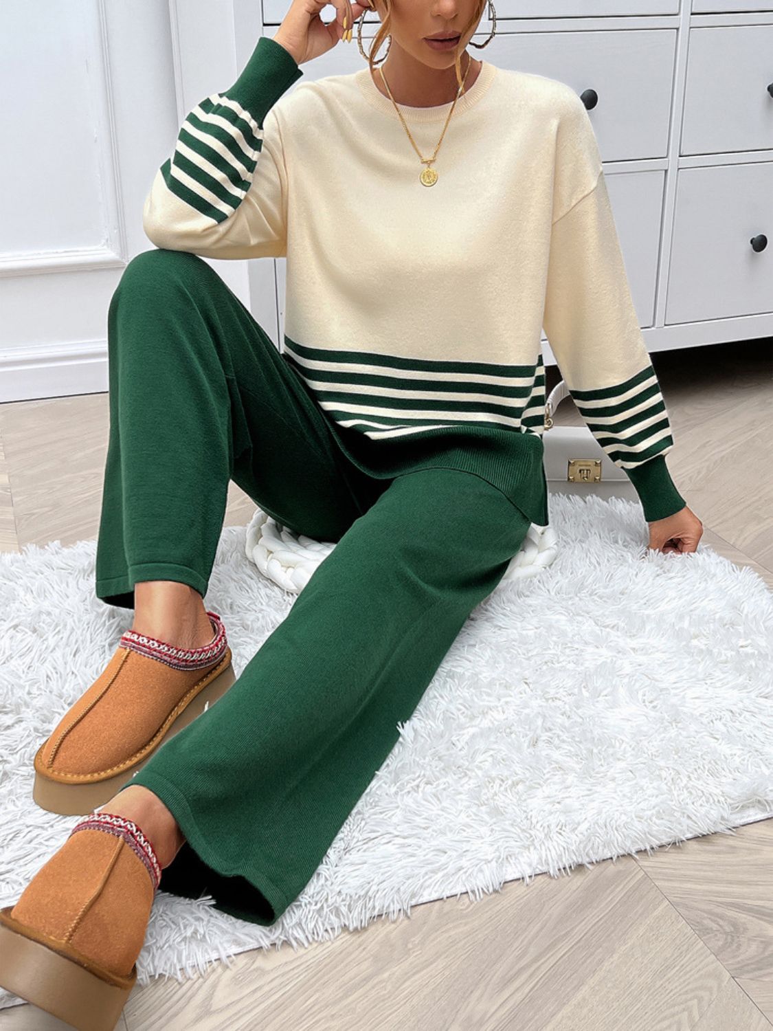 Slit Striped Round Neck Top and Pants Sweater Set