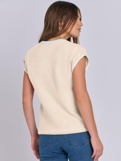 Contrast Round Neck Cap Sleeve Sweater