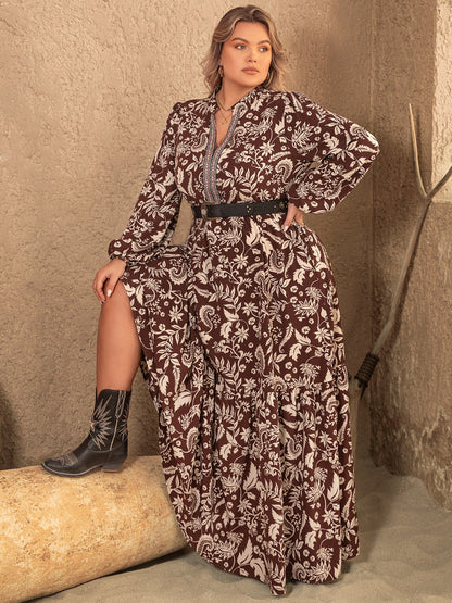 Plus Notched Balloon Sleeve Print Maxi Dress