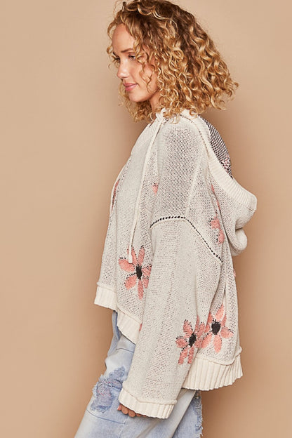 Floral Pattern Hooded High-Low Sweater