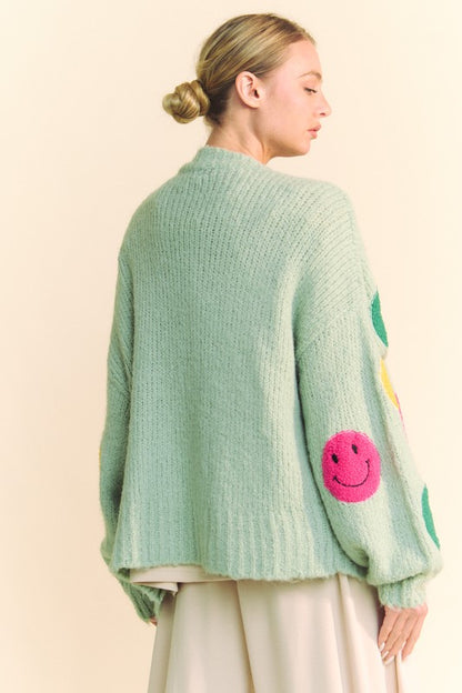 Fuzzy Smile Open Front Long Sleeve Cardigan