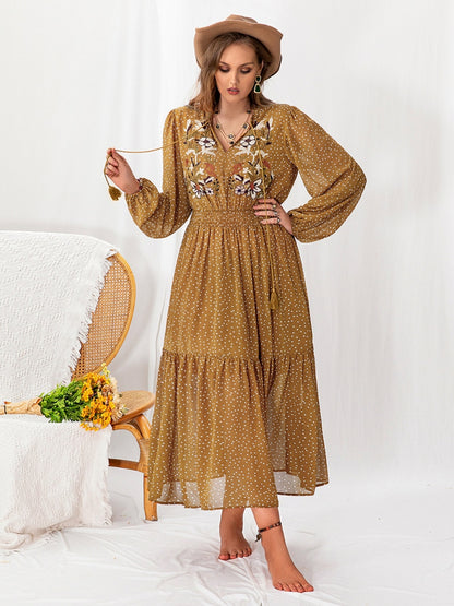 Plus Polka Dot Tie Neck Balloon Sleeve Maxi Dress