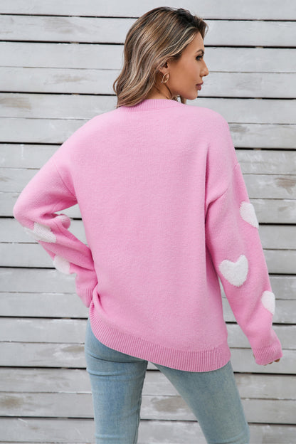 Heart Round Neck Long Sleeve Sweater