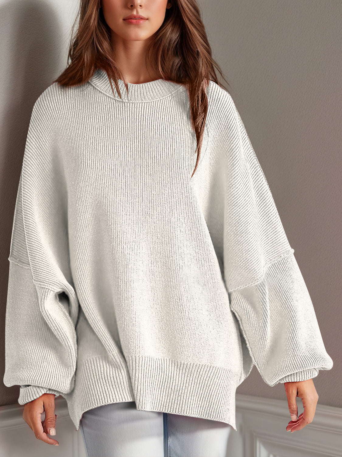 Side Slit Round Neck Long Sleeve Sweater