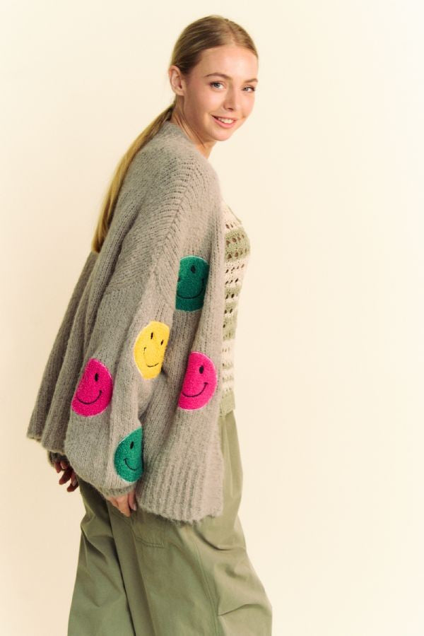 Fuzzy Smile Open Front Long Sleeve Cardigan