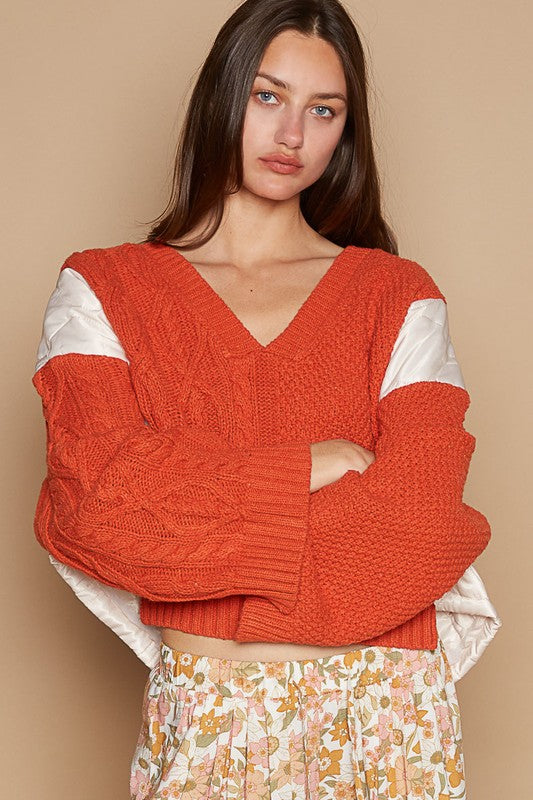 Cable Knit Quilting Patch V-Neck Contrast Sweater