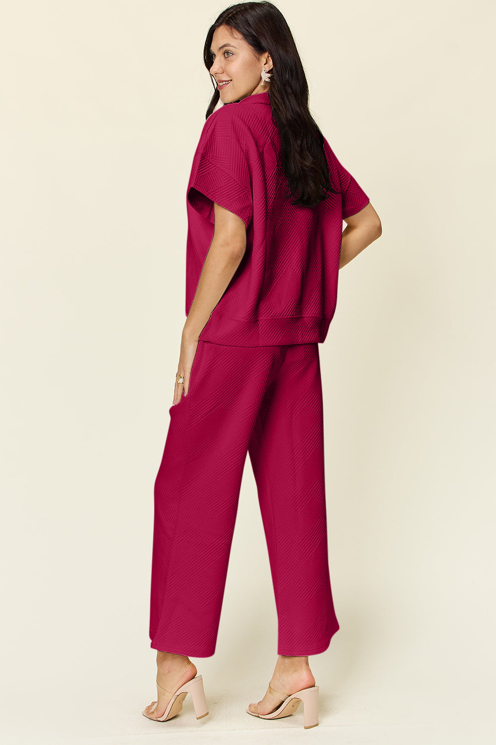 Textured Half Zip Short Sleeve Top and Pants Set