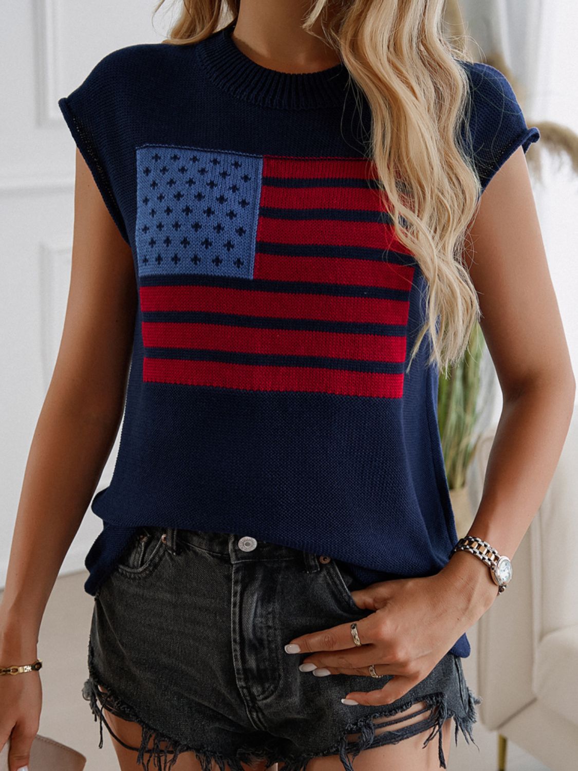 US Flag Round Neck Sweater Vest