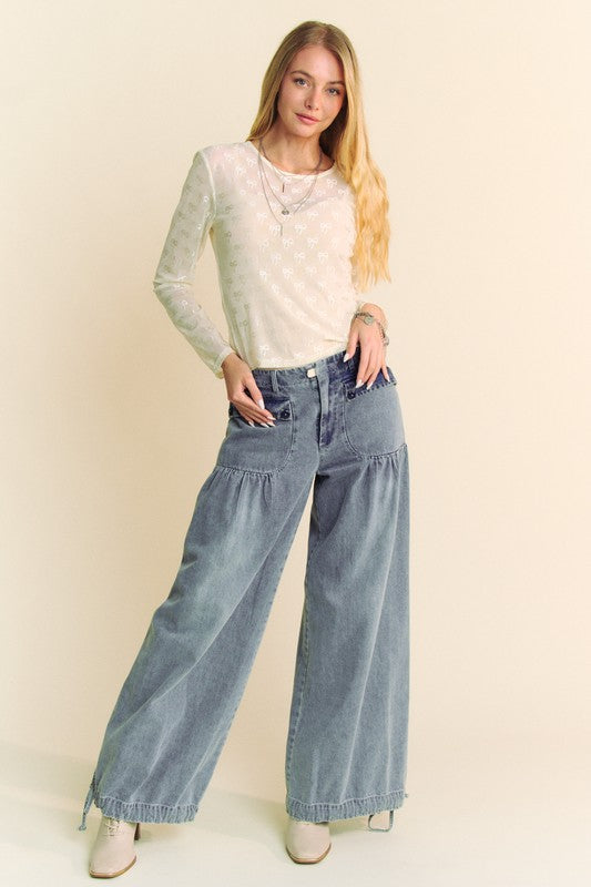 Bow Mesh Round Neck Long Sleeve Top