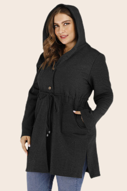 Plus Drawstring Waist Hooded Cardigan with Pockets