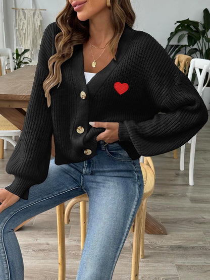 Heart Button Down V-Neck Long Sleeve Cardigan