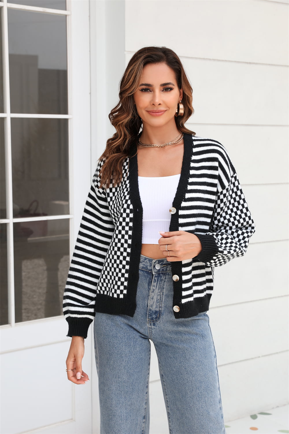 Button-Down Stripe & Plaid Contrast  Cardigan