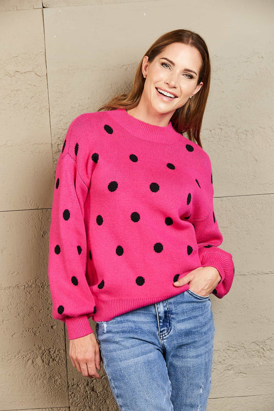 Polka Dot Round Neck Dropped Shoulder Sweater