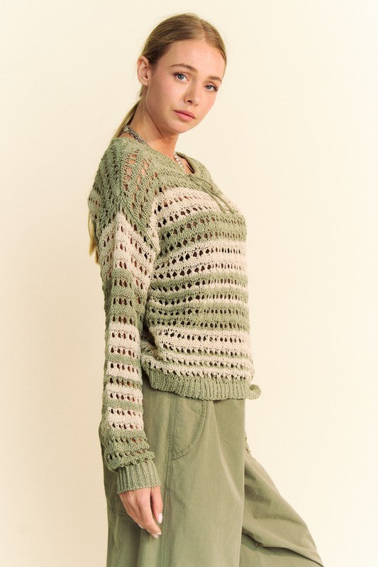 Contrast Striped Crochet Drop Shoulder Knit Cover Up