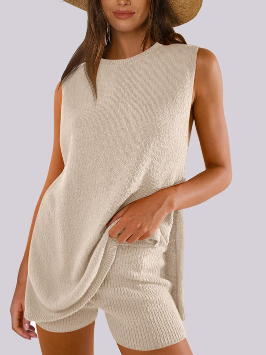 Side Slit Round Neck Tank and Shorts Sweater Set