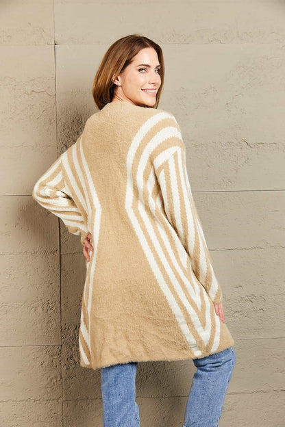 Two-Tone Open Front Fuzzy Longline Cardigan