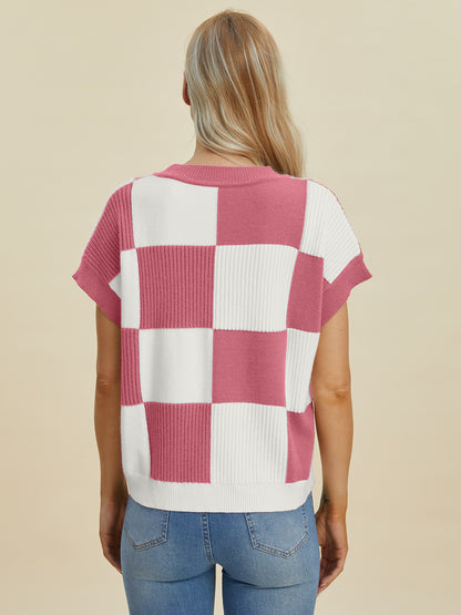 Checkered Round Neck Short Sleeve Sweater