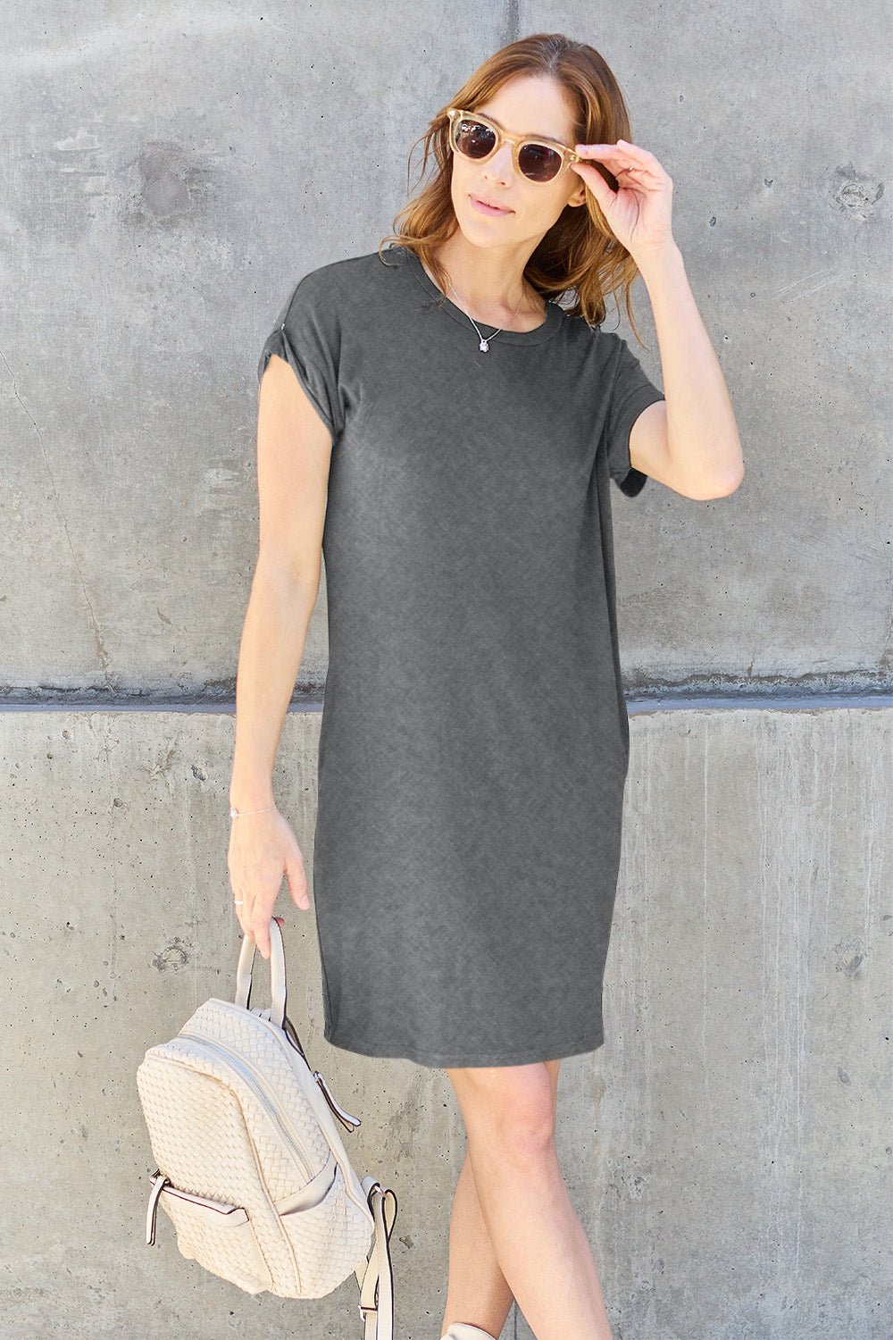 Round Neck Short Sleeve Dress with Pockets