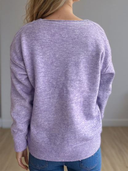 V-Neck Dropped Shoulder Long Sleeve Sweater