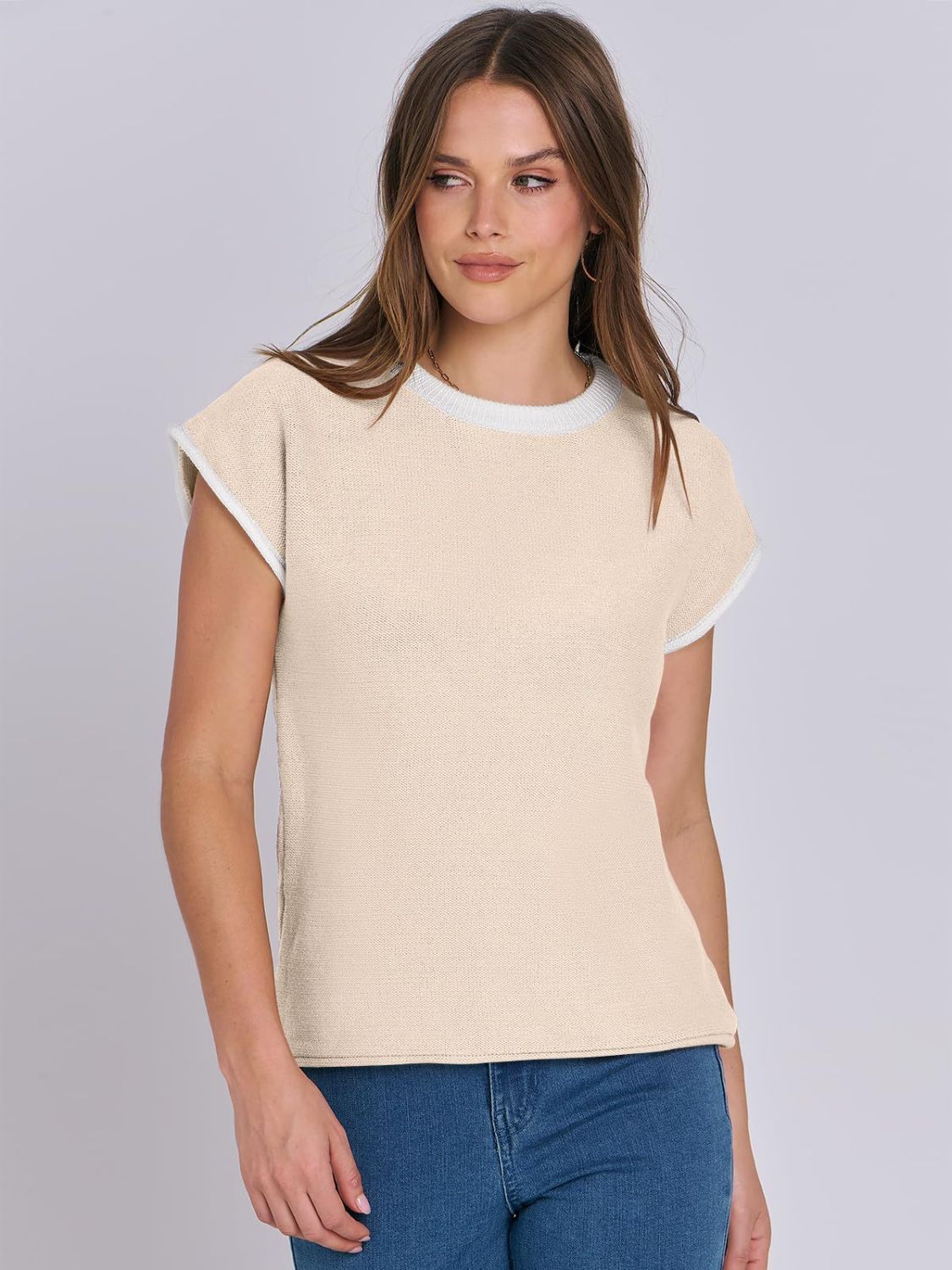 Contrast Round Neck Cap Sleeve Sweater