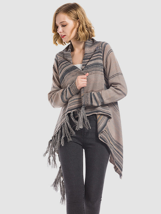 Tassel Striped Open Front Long Sleeve Cardigan