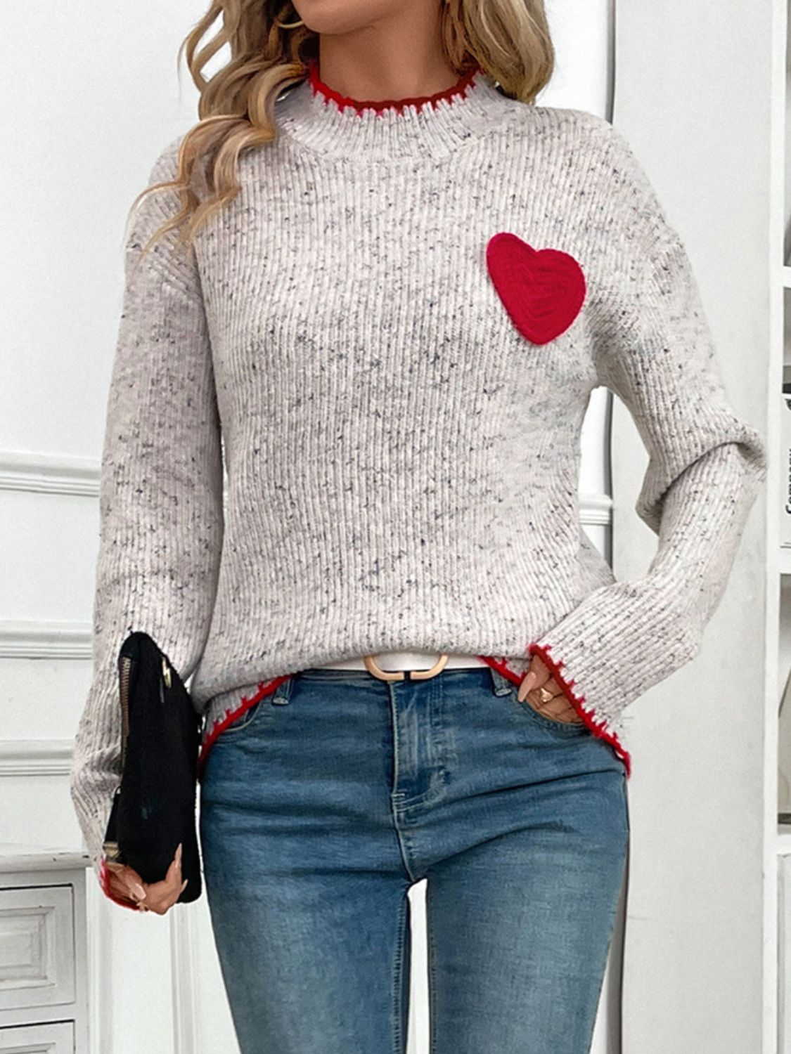 Contrast Heart Round Neck Long Sleeve Sweater