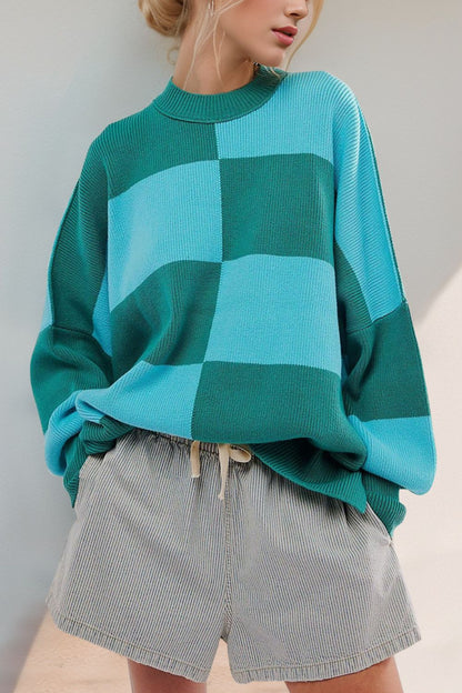 Slit Color Block Mock Neck Batwing Sleeve Sweater