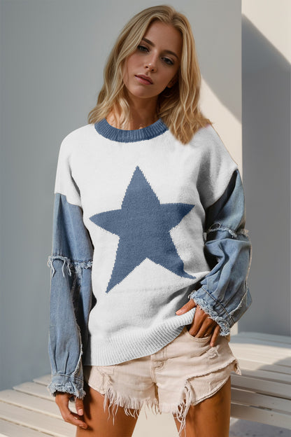 Star  Raw Edge Long Sleeve Sweater