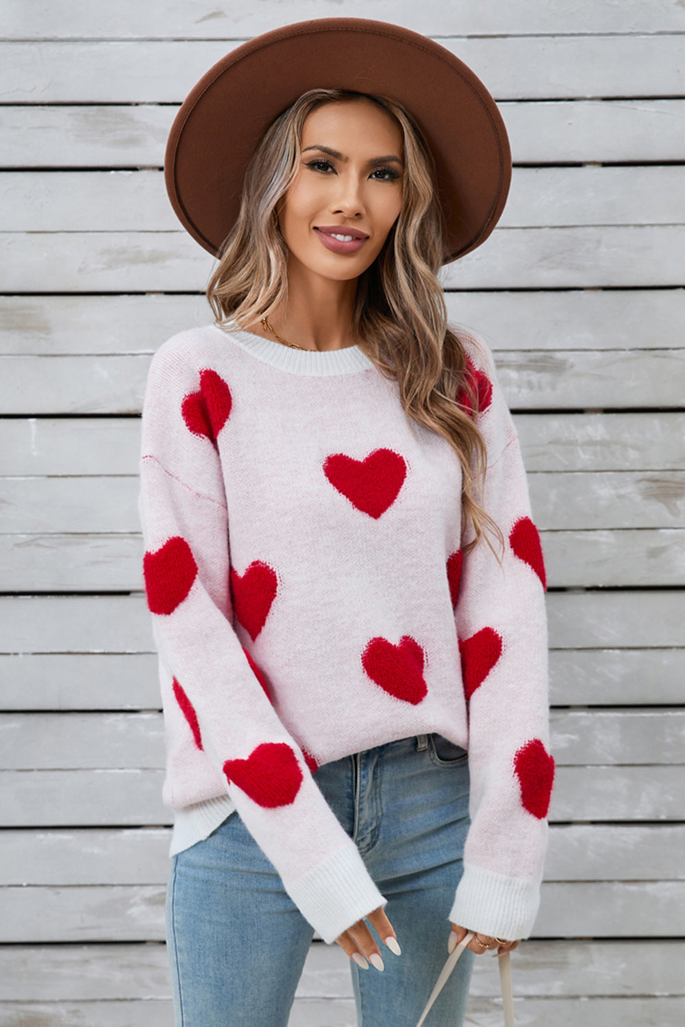 Heart Round Neck Long Sleeve Sweater