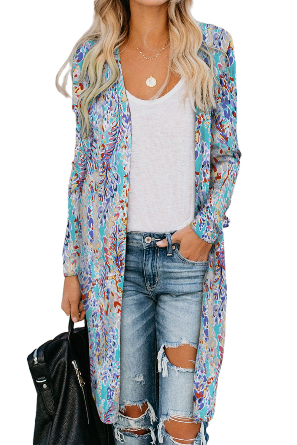 Printed Open Front Longline Cardigan