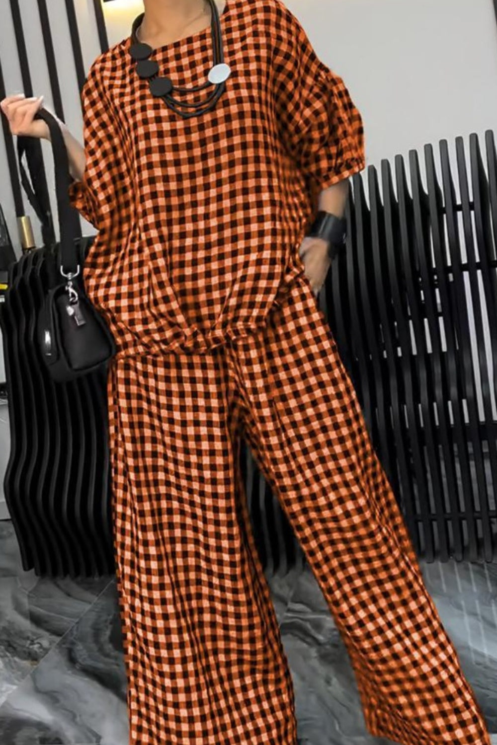 Plaid Round Neck Half Sleeve Top and Pants Set