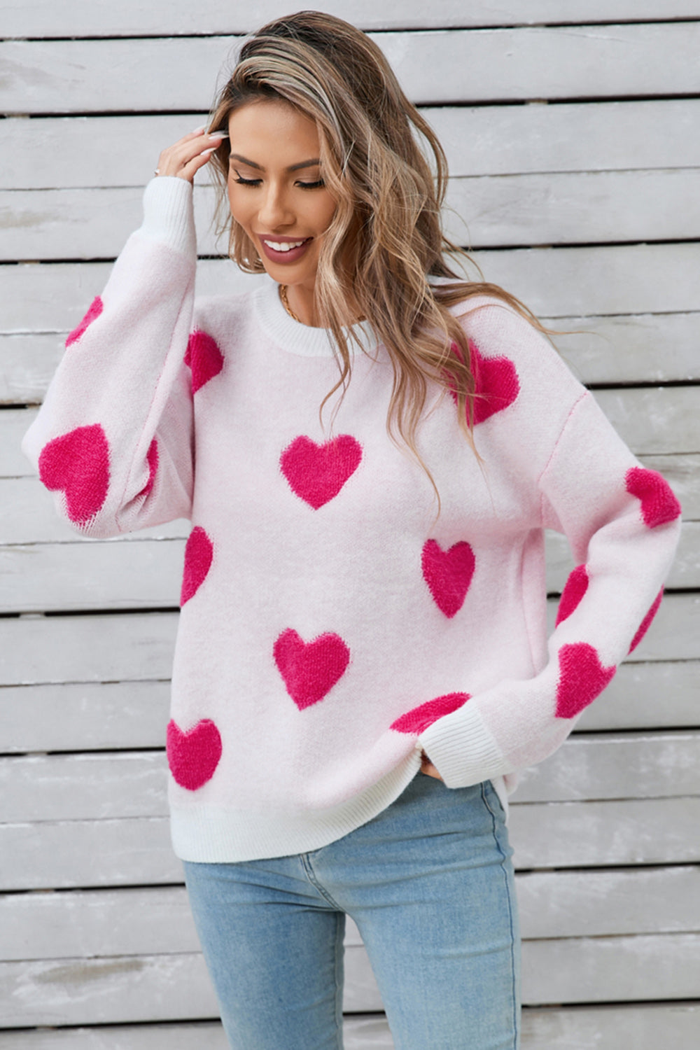 Heart Round Neck Long Sleeve Sweater