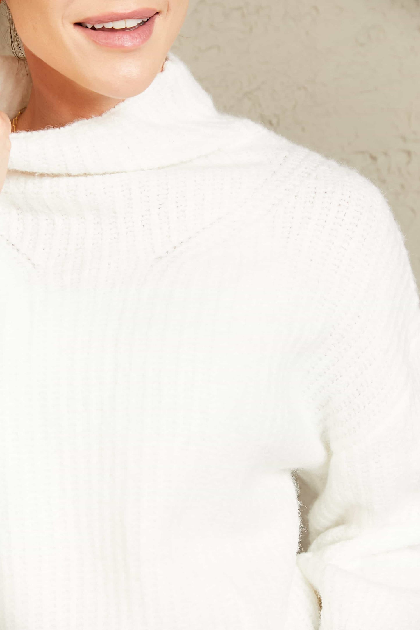 High Neck Balloon Sleeve Rib-Knit Pullover Sweater