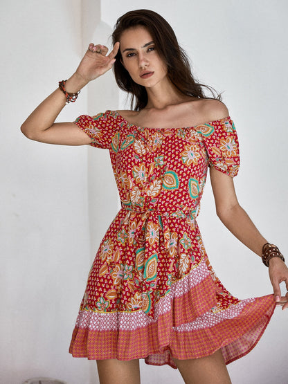 Print Short Sleeve Tie Waist Mini Dress