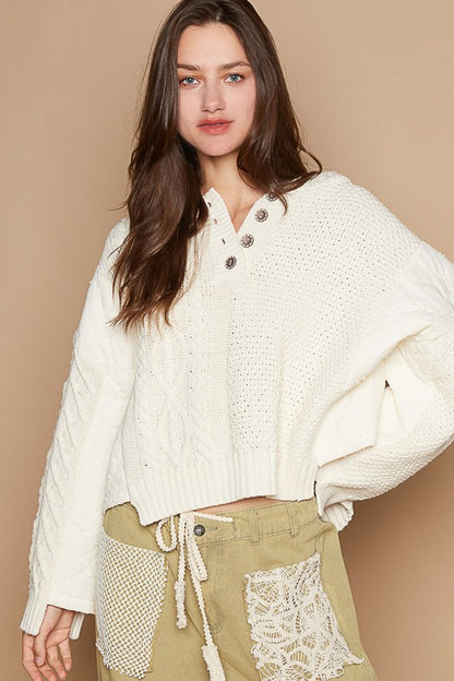 Cable-Knit Quarter Button Hooded Sweater