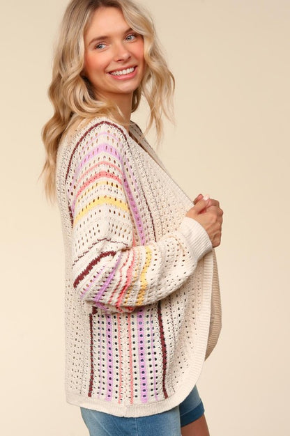 Striped Crochet Open Front Cardigan