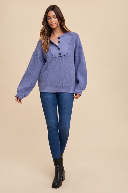 Half Button Ribbed Hem Sweater