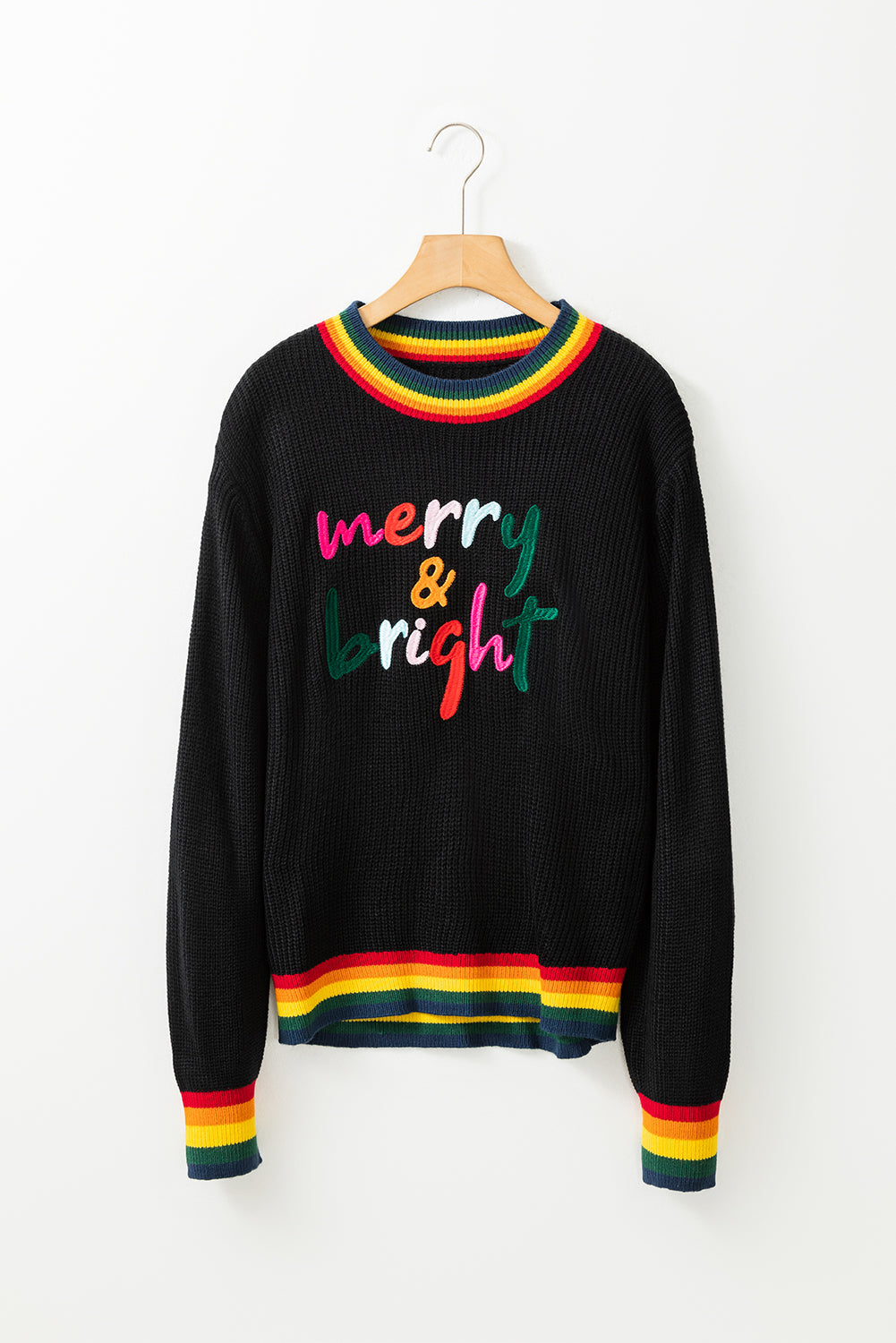 Merry & Bright Christmas Ribbed Round Neck Sweater